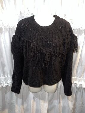 No Boundaries Black Fringe Crewneck Sweater-A06